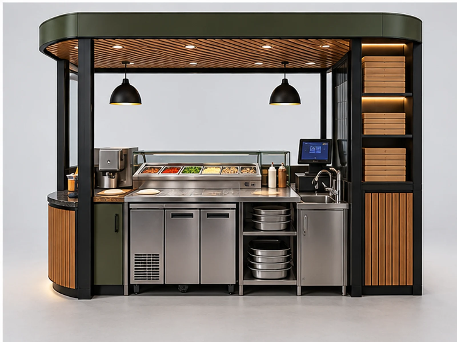 Small Pizza Counter with Delivery Pickup Shelf staff-side equipment and storage layout