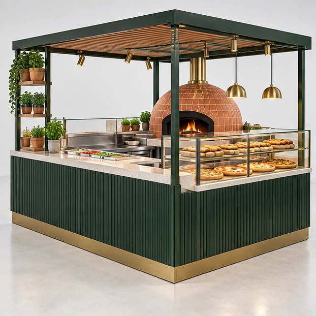 Wood-and-Terracotta Pizza Kiosk with Open Prep Counter main three-quarter product rendering