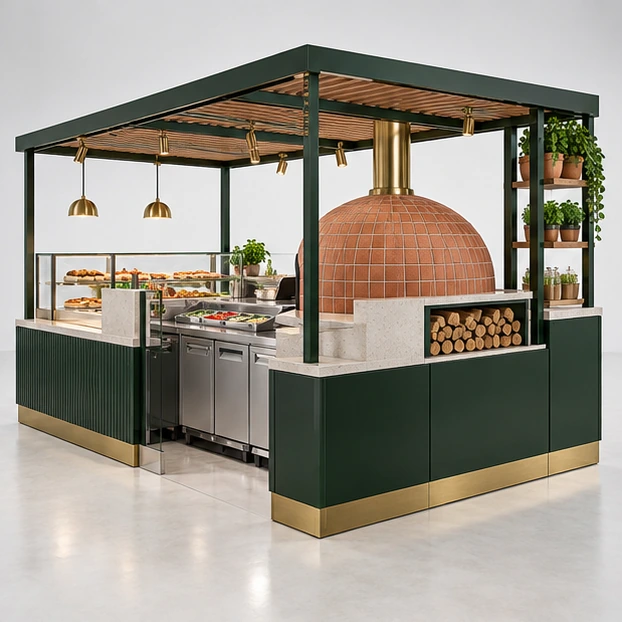 Wood-and-Terracotta Pizza Kiosk with Open Prep Counter opposite angle showing its complete footprint and display layout