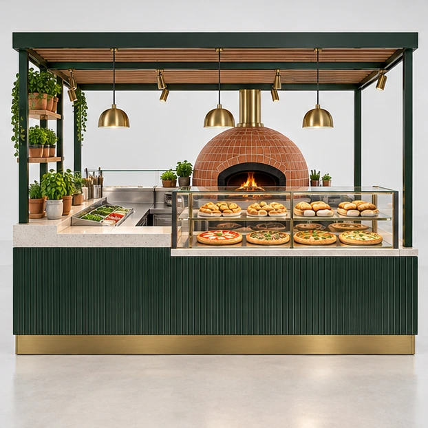 Wood-and-Terracotta Pizza Kiosk with Open Prep Counter customer-facing service and display view