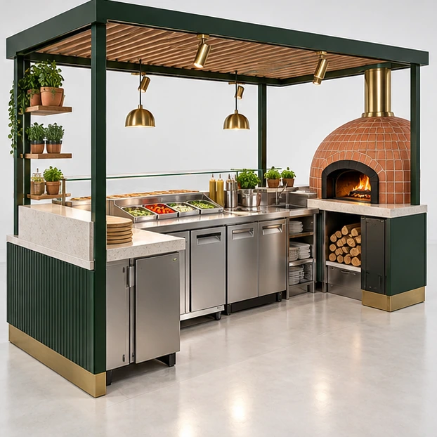 Wood-and-Terracotta Pizza Kiosk with Open Prep Counter operator-side equipment, access, and storage view