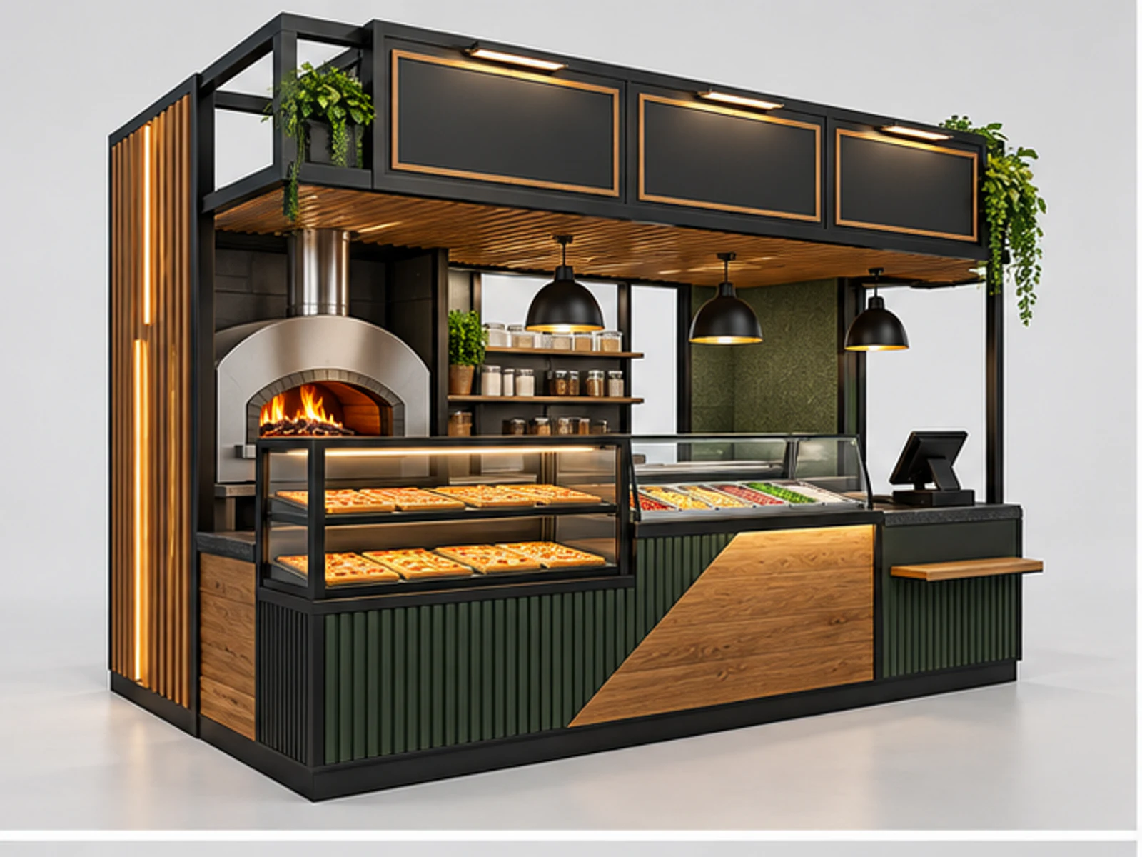 Wood Pizza Kiosk with Open Preparation Line main three-quarter product view