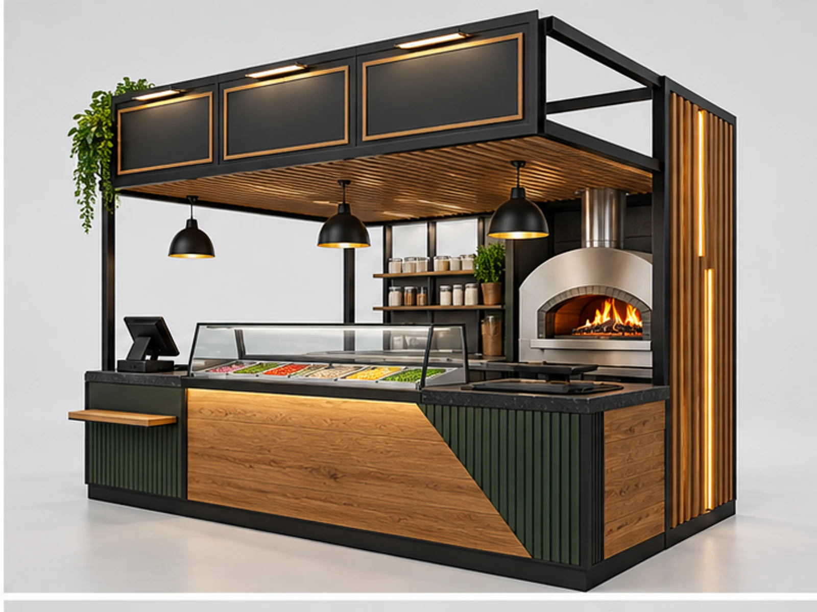 Wood Pizza Kiosk with Open Preparation Line opposite angle showing overall kiosk layout