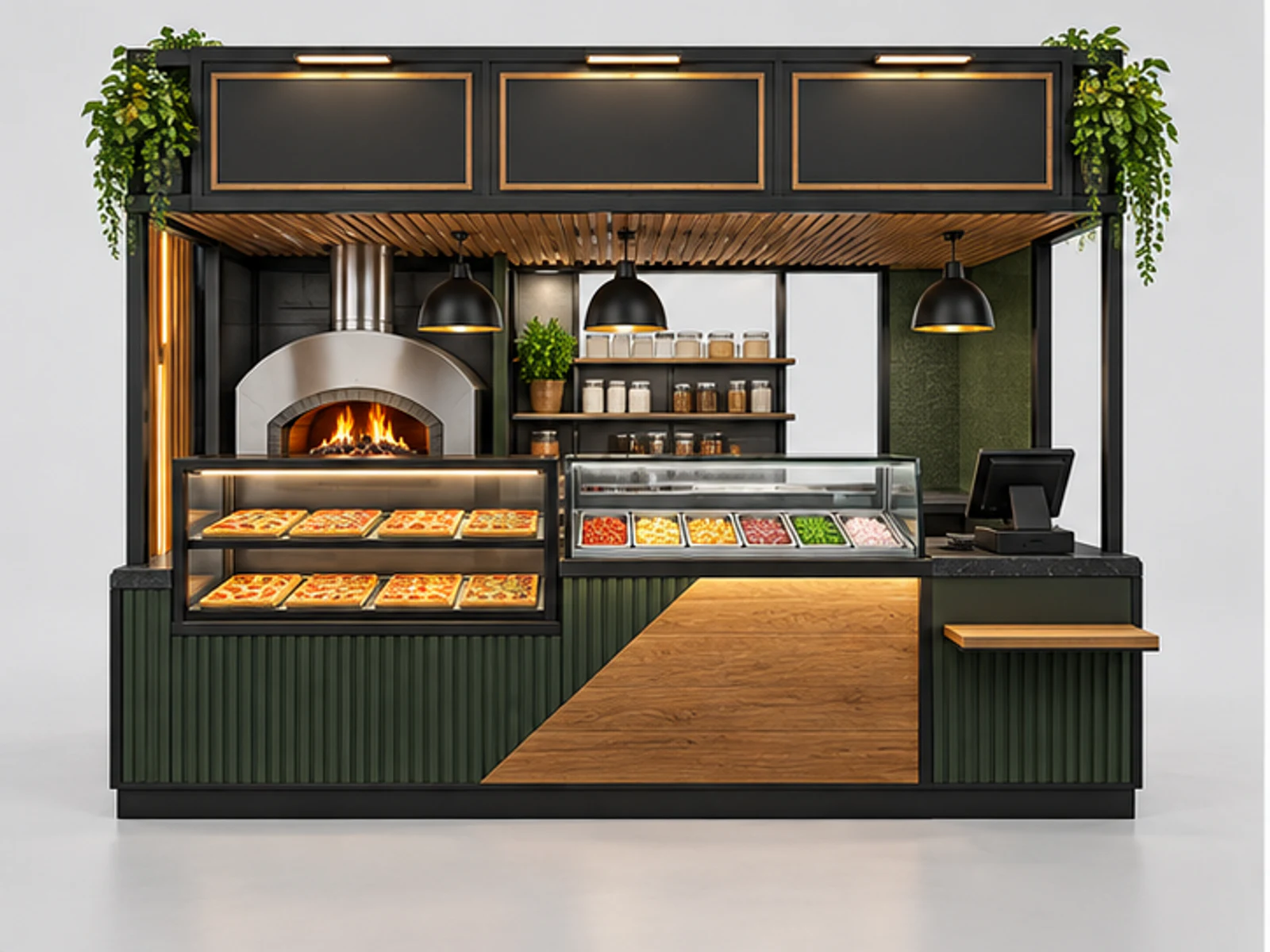 Wood Pizza Kiosk with Open Preparation Line customer-facing display and service counter