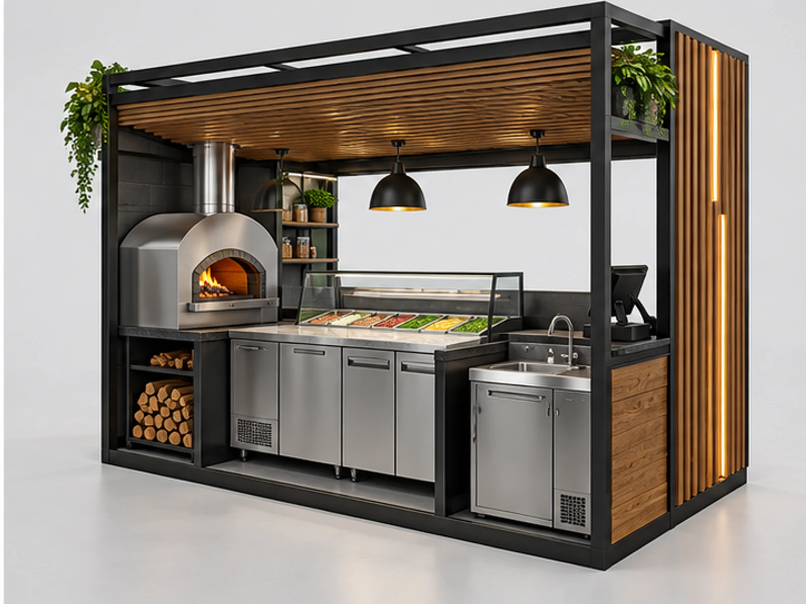 Wood Pizza Kiosk with Open Preparation Line staff-side equipment and storage layout