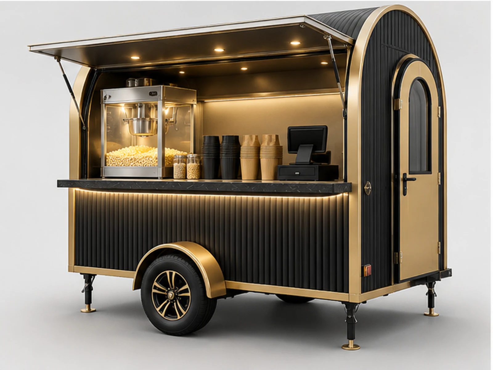 Black Gold Popcorn Kiosk for Premium Malls customer-facing display and service counter