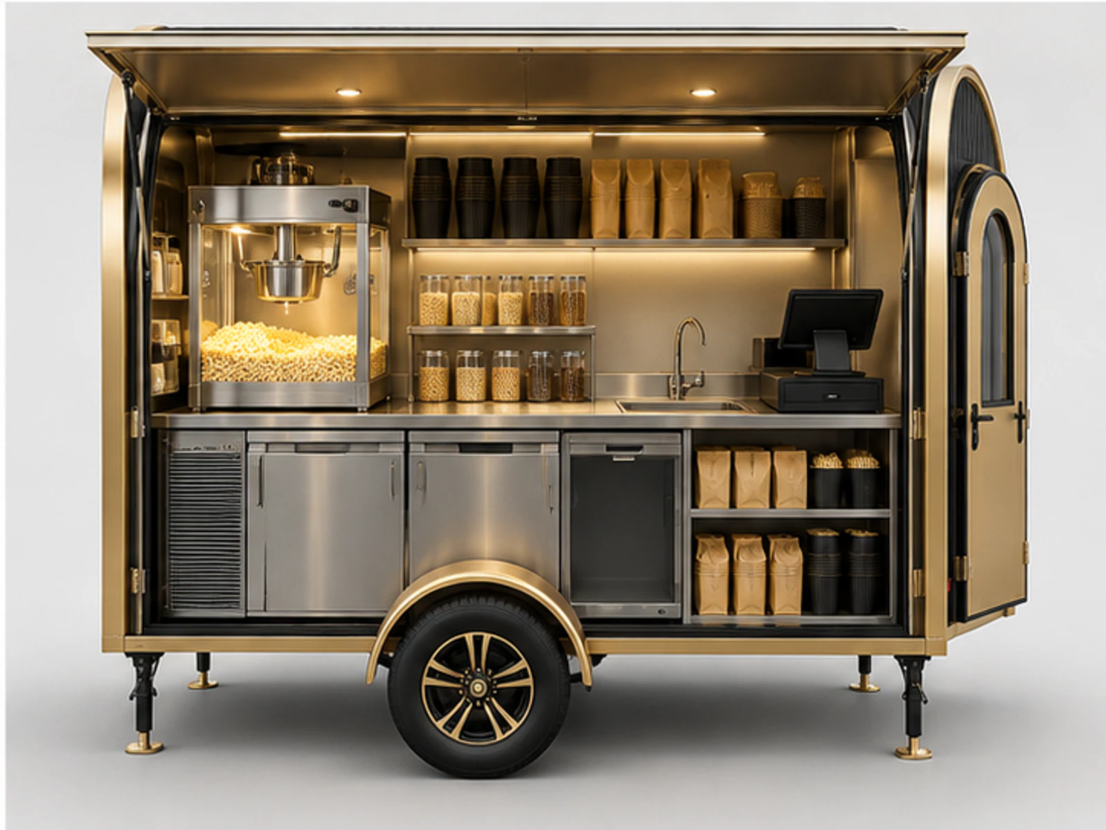 Black Gold Popcorn Kiosk for Premium Malls staff-side equipment and storage layout