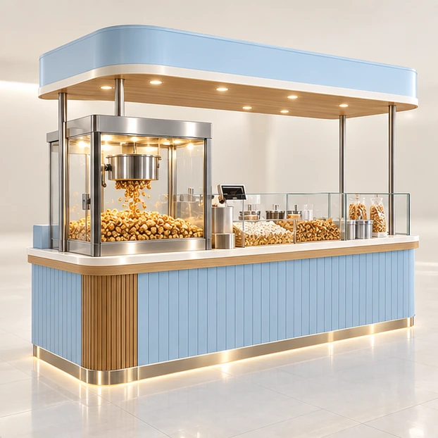 Caramel Popcorn Kiosk with Cooling and Packing Counter main three-quarter product rendering