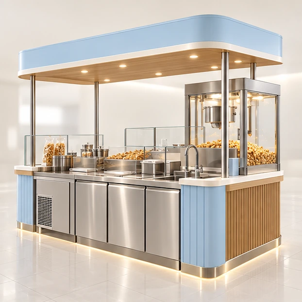 Caramel Popcorn Kiosk with Cooling and Packing Counter opposite angle showing its complete footprint and display layout