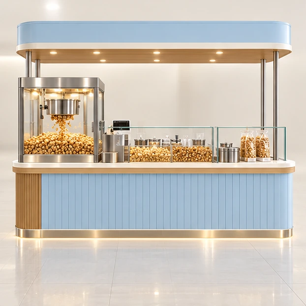 Caramel Popcorn Kiosk with Cooling and Packing Counter customer-facing service and display view