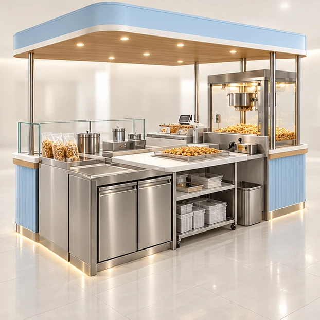 Caramel Popcorn Kiosk with Cooling and Packing Counter operator-side equipment, access, and storage view