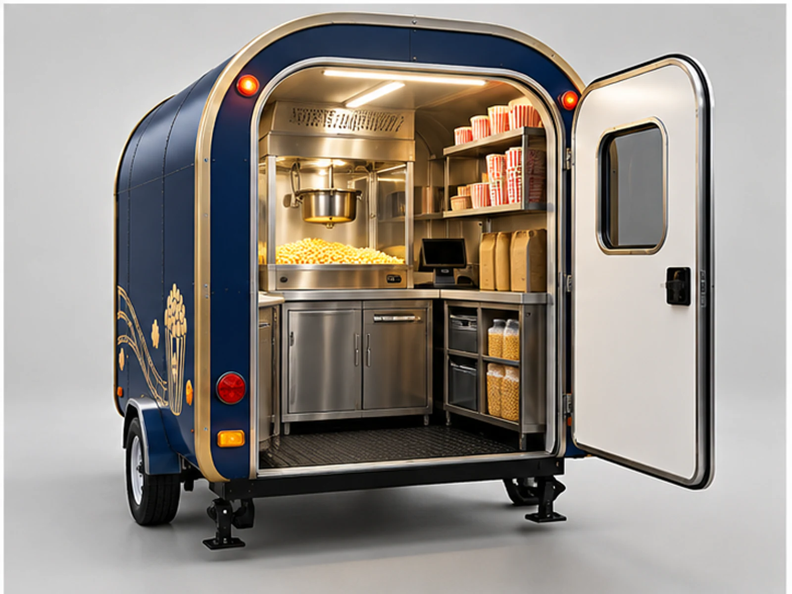 Cinema Popcorn Kiosk with Fast Pickup Counter staff-side equipment and storage layout