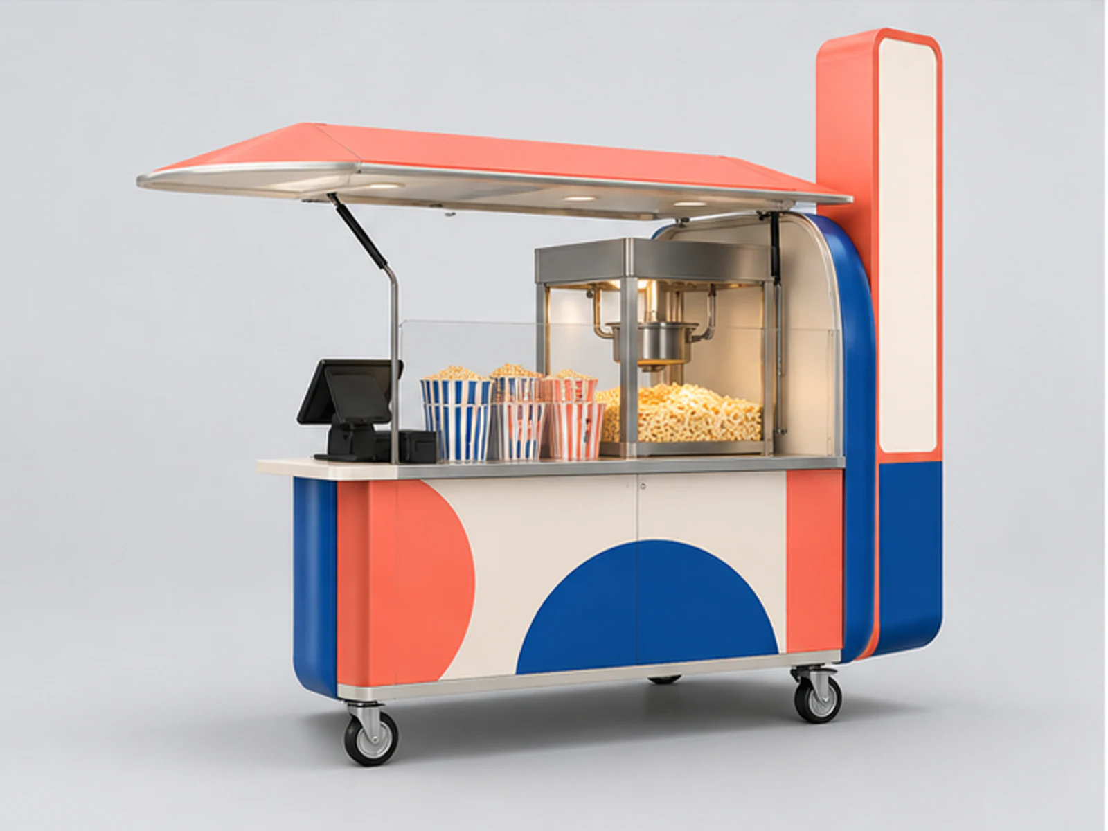 Colorful Popcorn Booth with Menu Tower customer-facing display and service counter