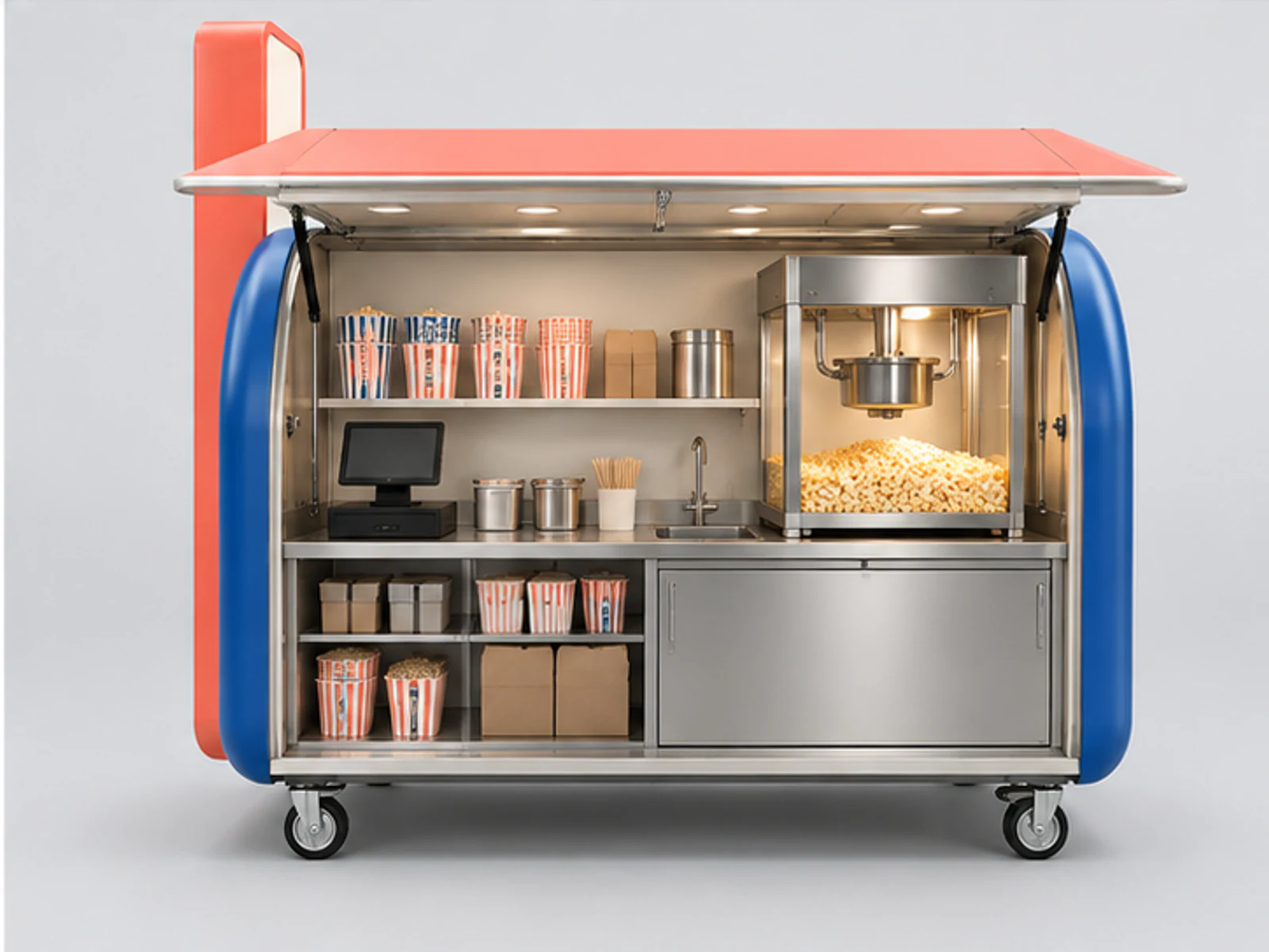 Colorful Popcorn Booth with Menu Tower staff-side equipment and storage layout