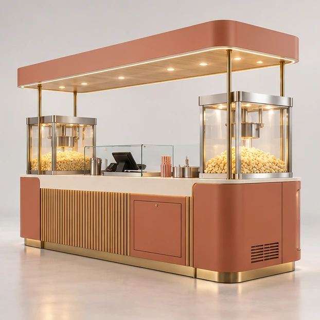 Compact Cinema Popcorn Stand with Dual Warmers opposite angle showing its complete footprint and display layout