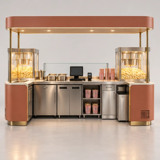 Compact Cinema Popcorn Stand with Dual Warmers operator-side equipment, access, and storage view