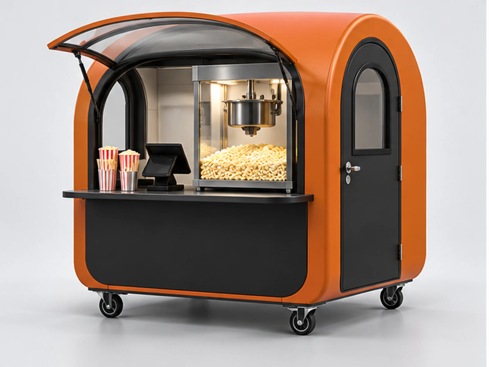 Compact Mall Popcorn Kiosk with Popping Station customer-facing display and service counter
