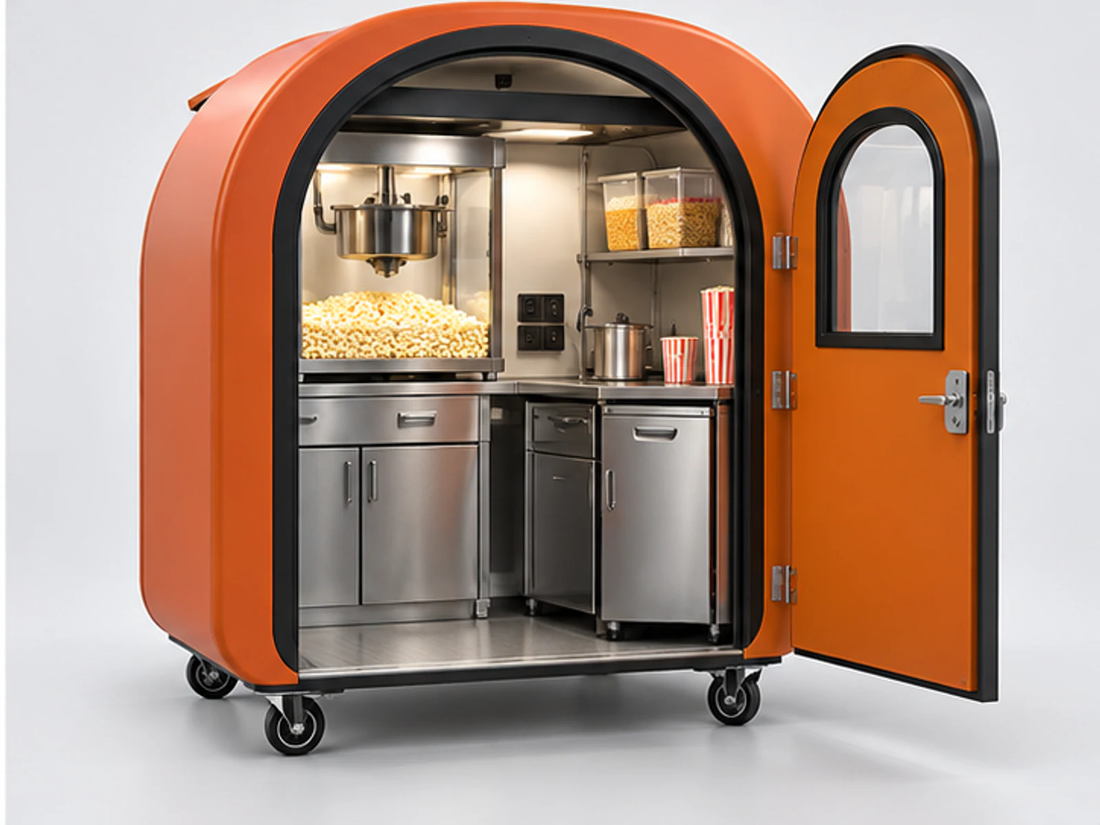 Compact Mall Popcorn Kiosk with Popping Station staff-side equipment and storage layout