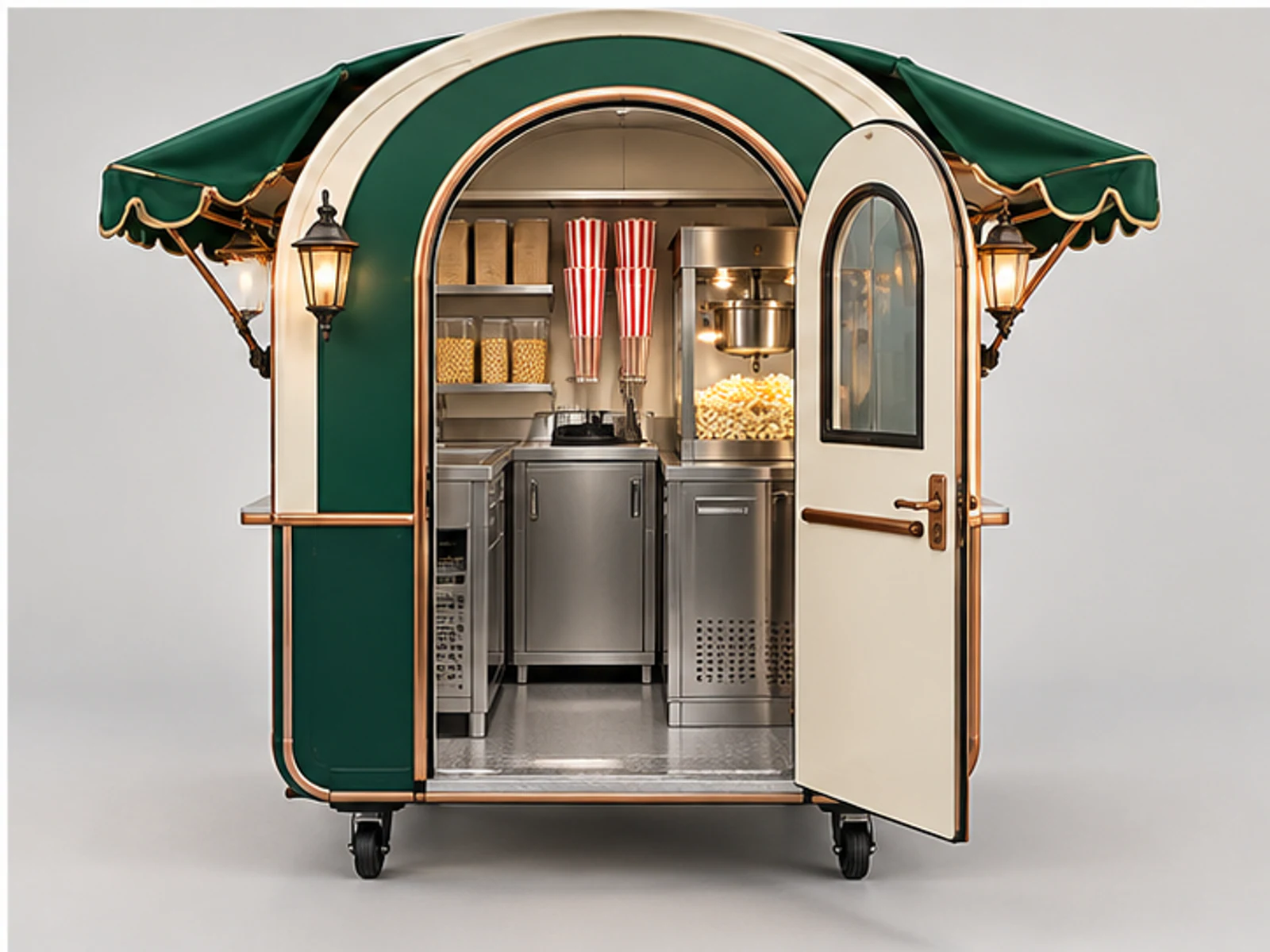 Custom Popcorn Cart for Theme Parks staff-side equipment and storage layout