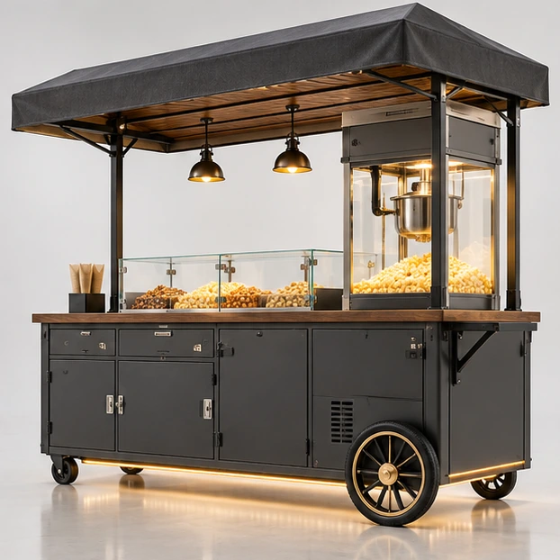Event Popcorn Cart with Canopy and Lockable Storage opposite angle showing its complete footprint and display layout