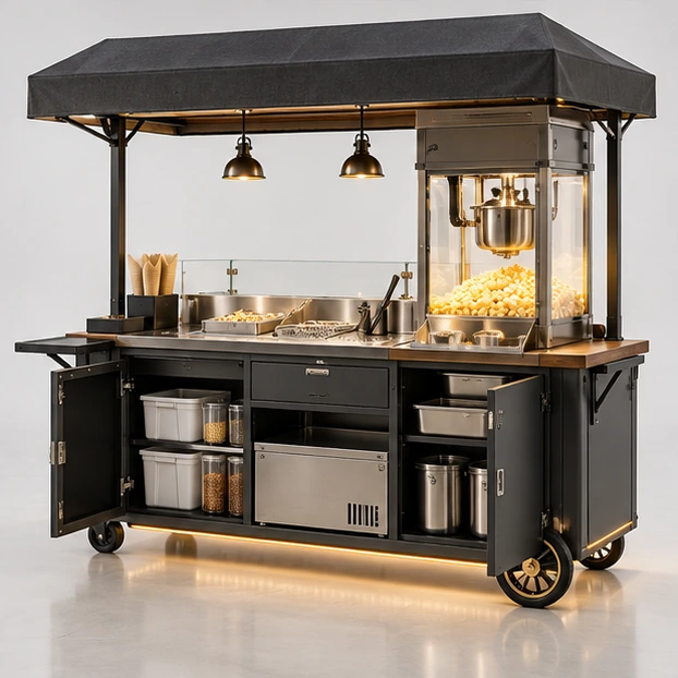 Event Popcorn Cart with Canopy and Lockable Storage operator-side equipment, access, and storage view