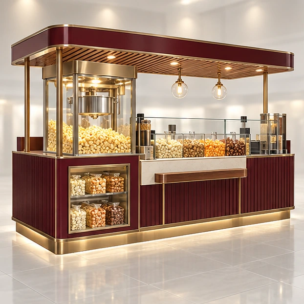 Family Popcorn Kiosk with Low-Height Service Shelf main three-quarter product rendering