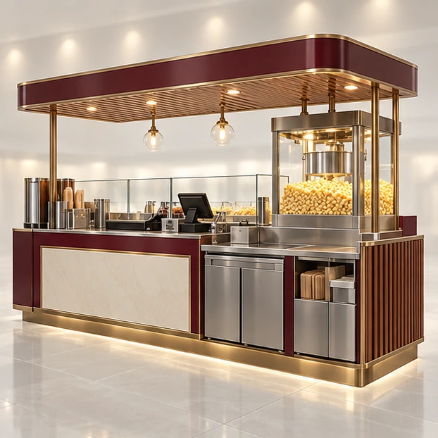 Family Popcorn Kiosk with Low-Height Service Shelf opposite angle showing its complete footprint and display layout