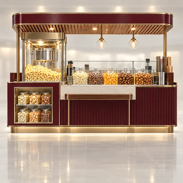 Family Popcorn Kiosk with Low-Height Service Shelf customer-facing service and display view