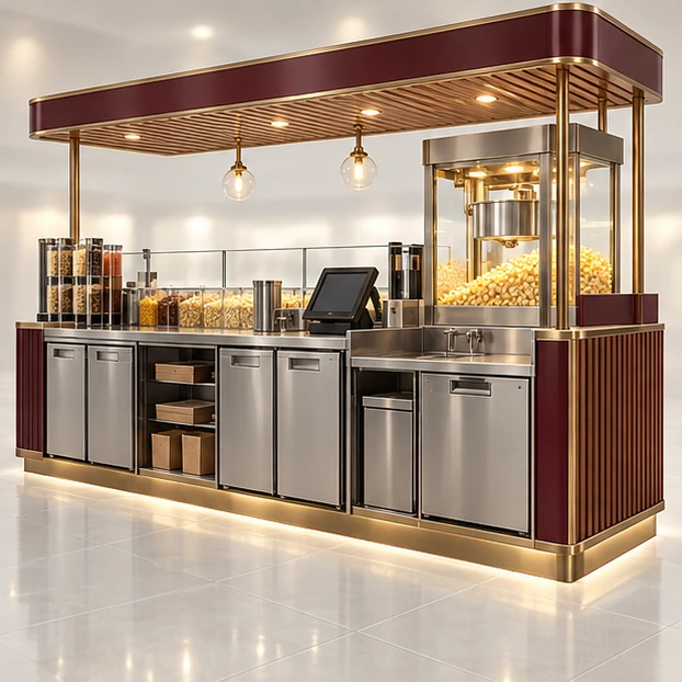 Family Popcorn Kiosk with Low-Height Service Shelf operator-side equipment, access, and storage view