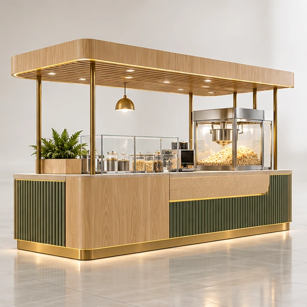 Franchise Popcorn Kiosk with Repeatable Equipment Bays opposite angle showing its complete footprint and display layout