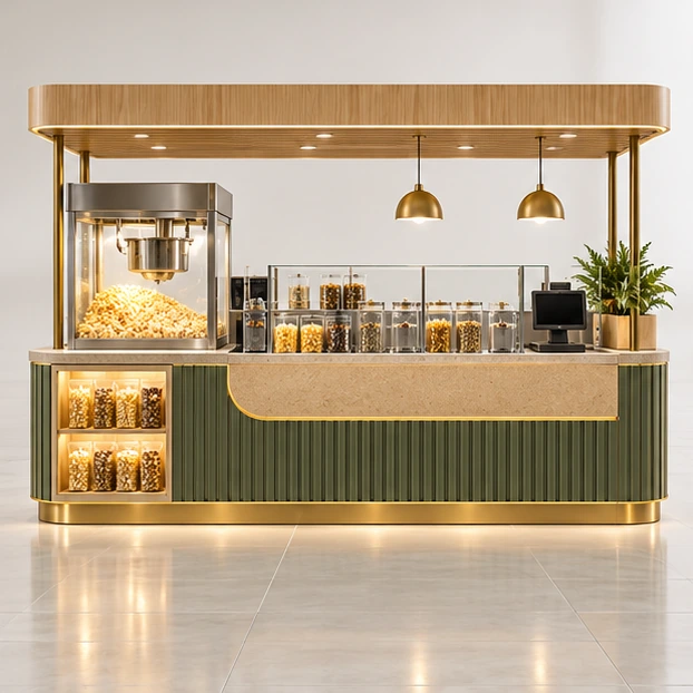 Franchise Popcorn Kiosk with Repeatable Equipment Bays customer-facing service and display view