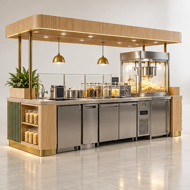 Franchise Popcorn Kiosk with Repeatable Equipment Bays operator-side equipment, access, and storage view