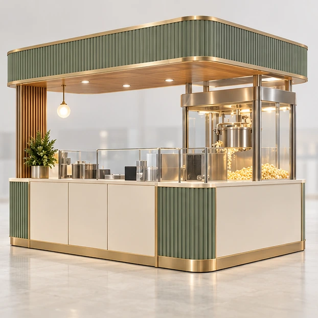 Fresh-Popped Popcorn Kiosk with Visible Kettle opposite angle showing its complete footprint and display layout