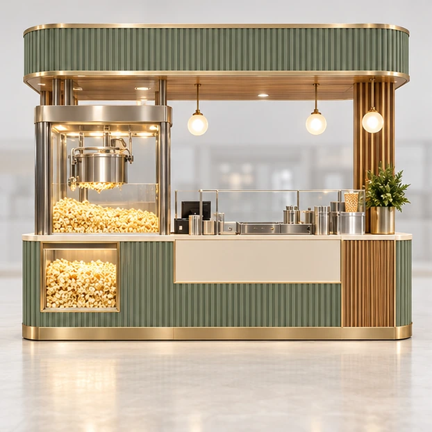 Fresh-Popped Popcorn Kiosk with Visible Kettle customer-facing service and display view