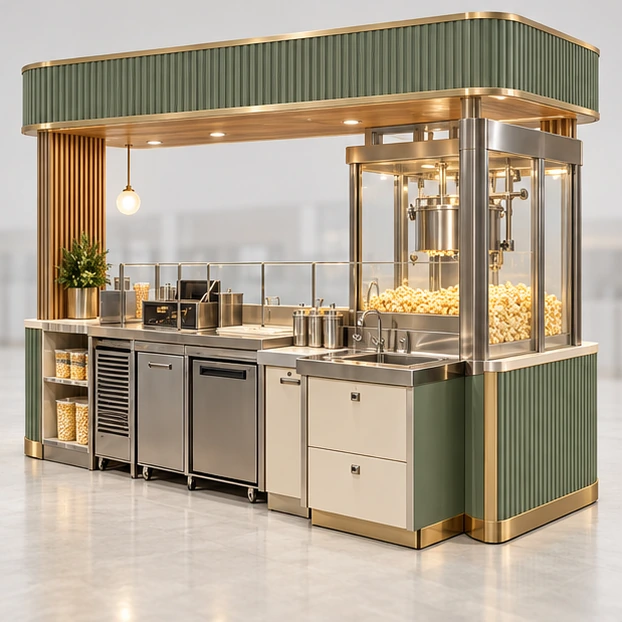 Fresh-Popped Popcorn Kiosk with Visible Kettle operator-side equipment, access, and storage view