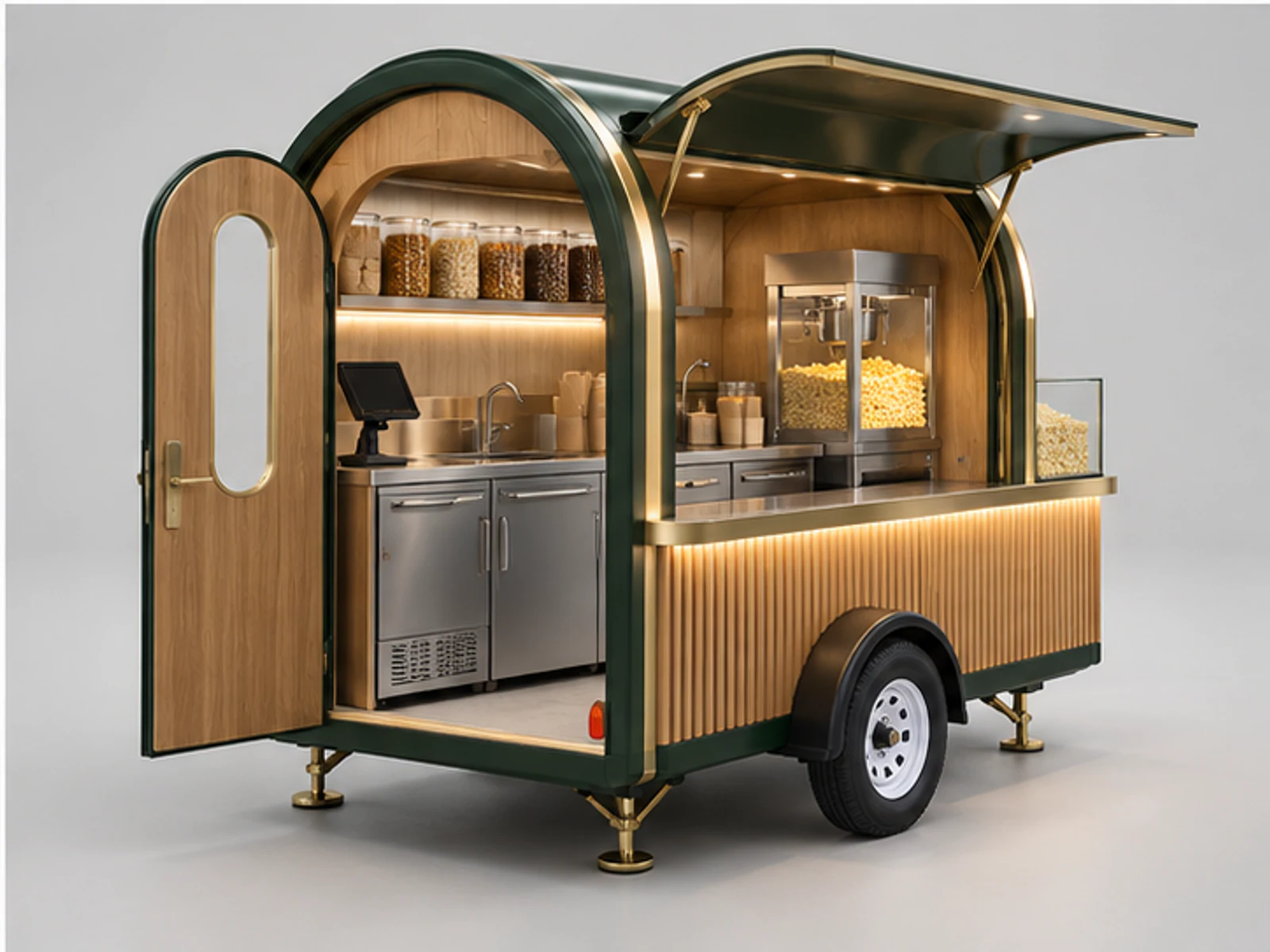 Gourmet Popcorn Kiosk with Flavor Display staff-side equipment and storage layout