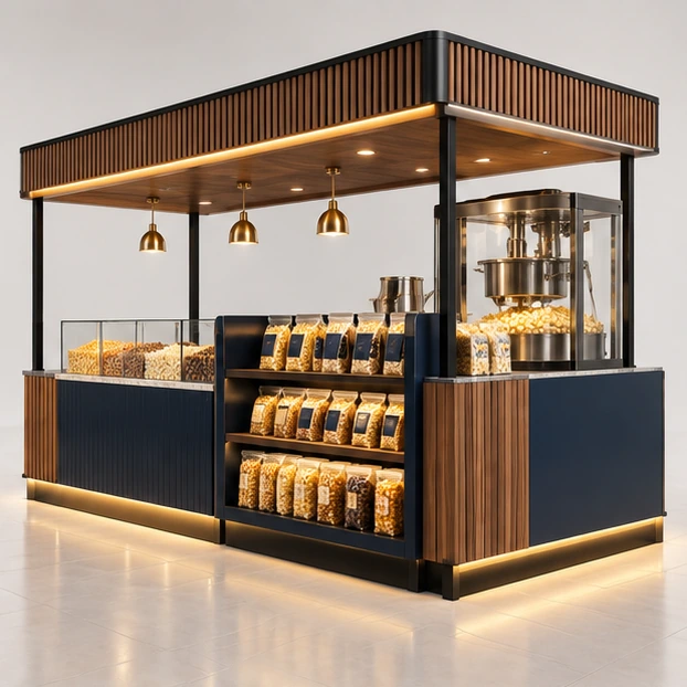 Gourmet Popcorn Kiosk with Flavor Display Wall opposite angle showing its complete footprint and display layout