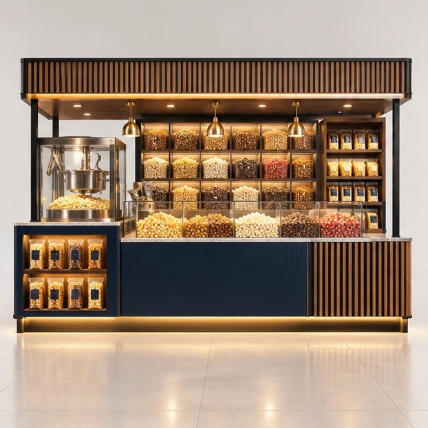Gourmet Popcorn Kiosk with Flavor Display Wall customer-facing service and display view