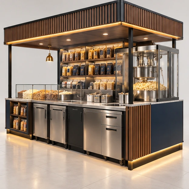 Gourmet Popcorn Kiosk with Flavor Display Wall operator-side equipment, access, and storage view