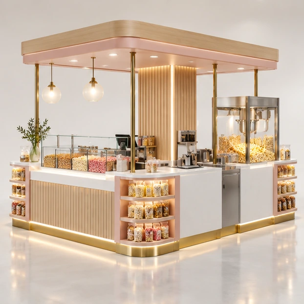 Island Popcorn Kiosk with Four-Side Impulse Display opposite angle showing its complete footprint and display layout