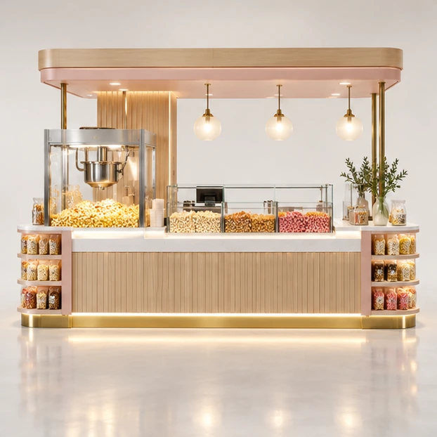 Island Popcorn Kiosk with Four-Side Impulse Display customer-facing service and display view