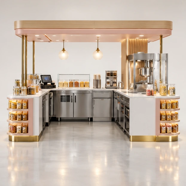 Island Popcorn Kiosk with Four-Side Impulse Display operator-side equipment, access, and storage view