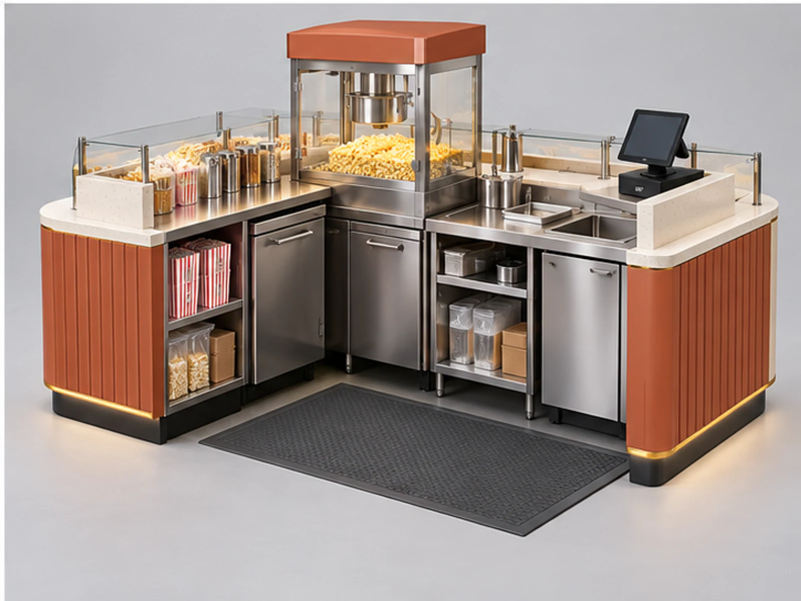 Island Popcorn Kiosk with Warm Display staff-side equipment and storage layout