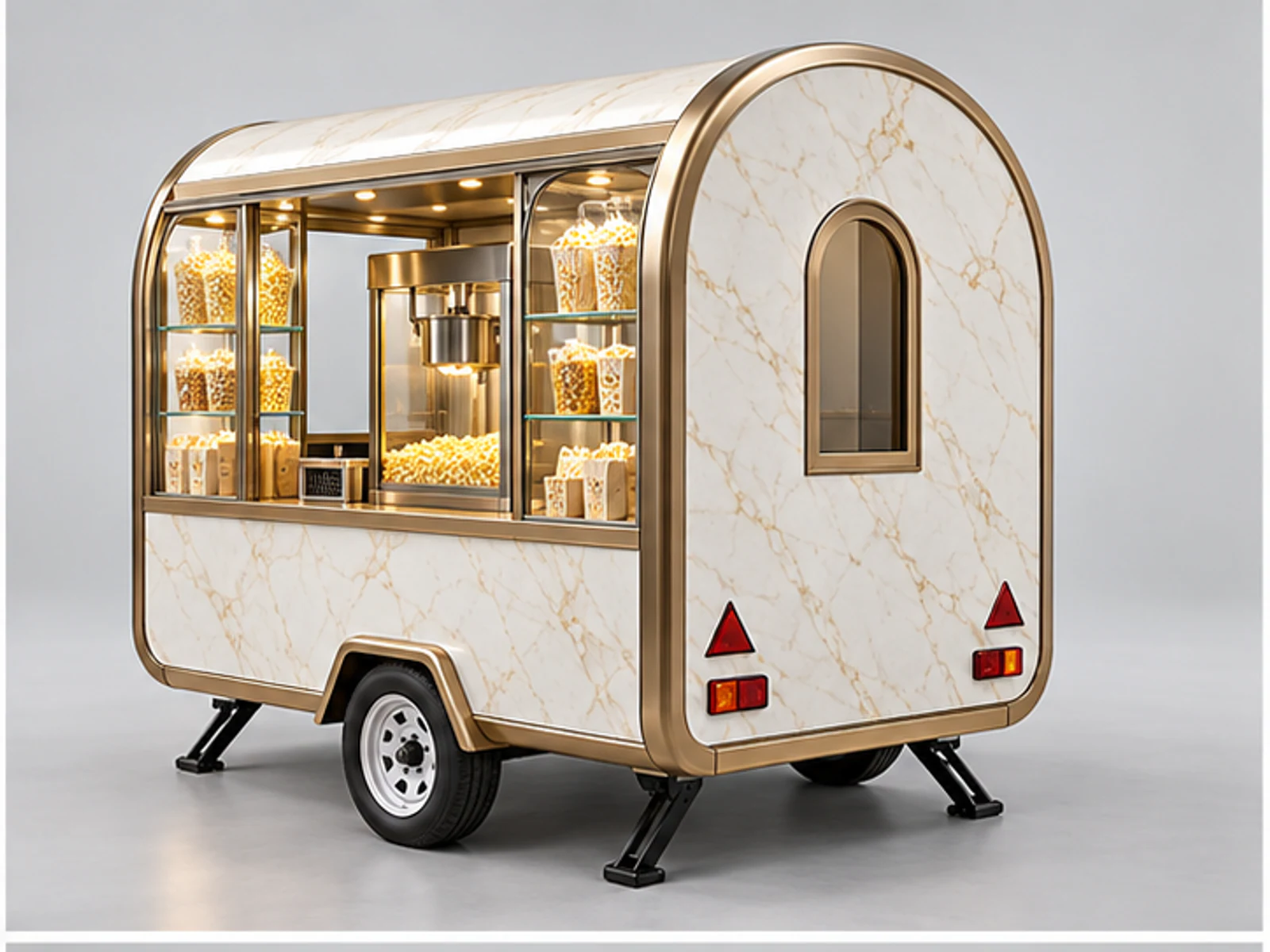 Luxury Popcorn Booth with Glass Merchandising opposite angle showing overall kiosk layout
