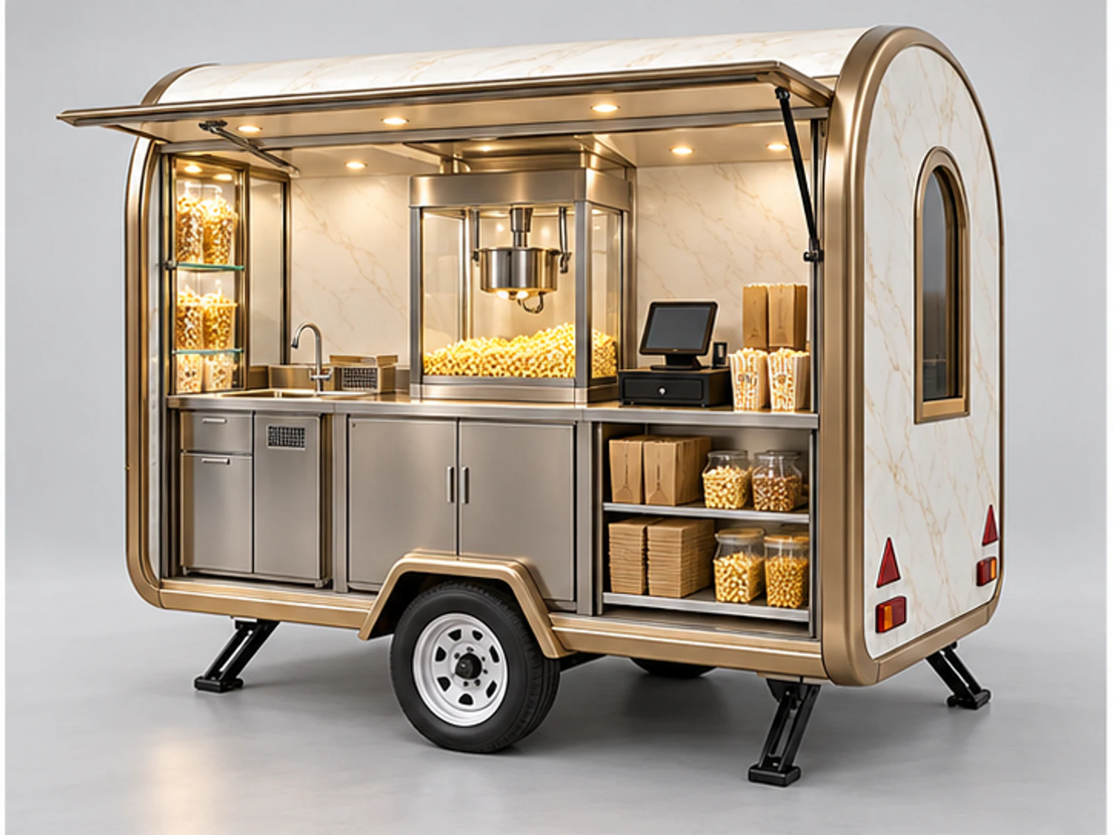 Luxury Popcorn Booth with Glass Merchandising staff-side equipment and storage layout