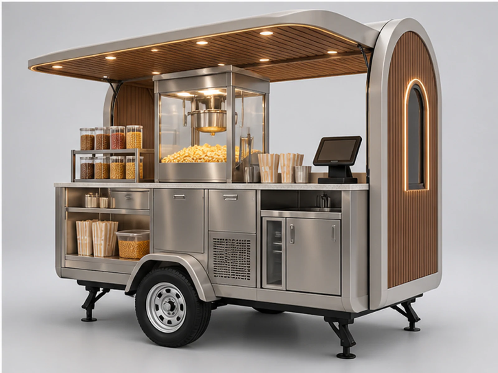 Mall Popcorn Kiosk Manufacturer Design staff-side equipment and storage layout