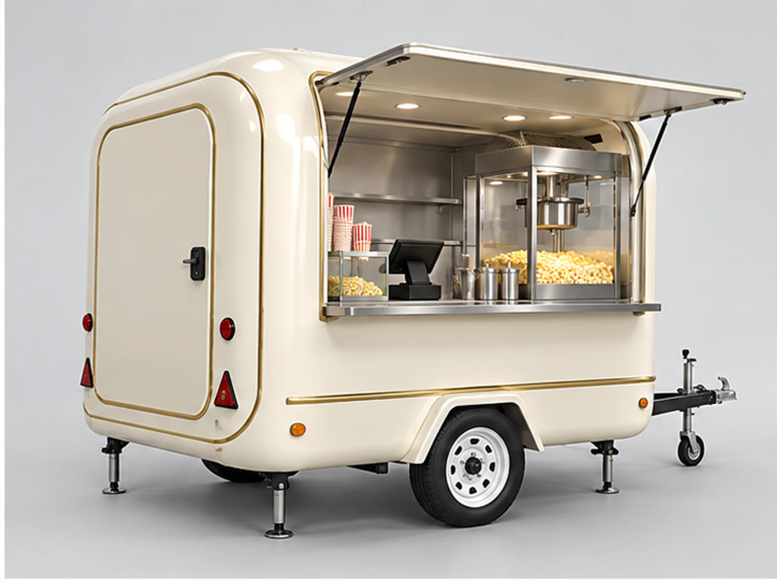 Mobile Popcorn Trailer with Stainless Service Counter opposite angle showing overall kiosk layout