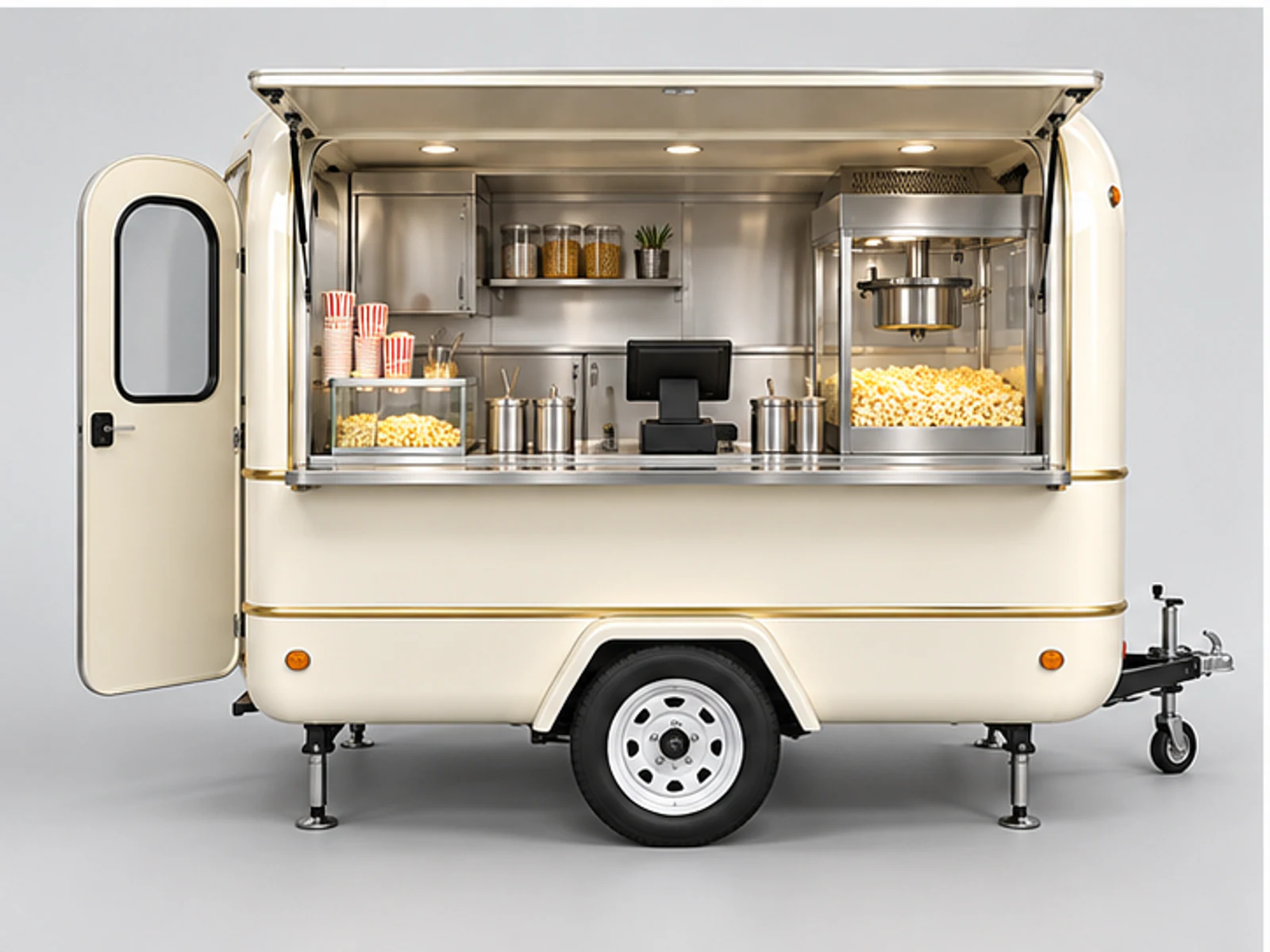 Mobile Popcorn Trailer with Stainless Service Counter customer-facing display and service counter
