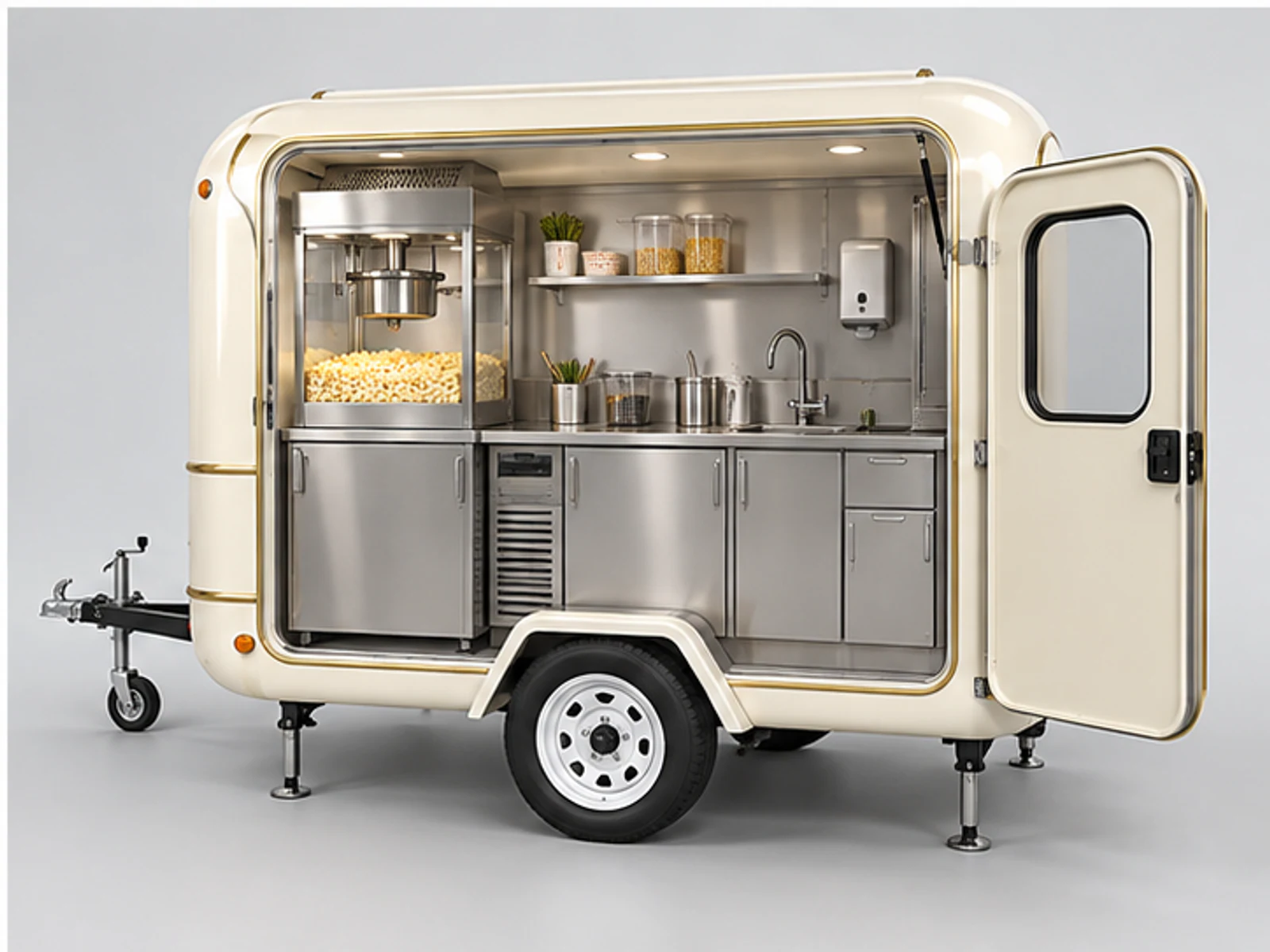 Mobile Popcorn Trailer with Stainless Service Counter staff-side equipment and storage layout