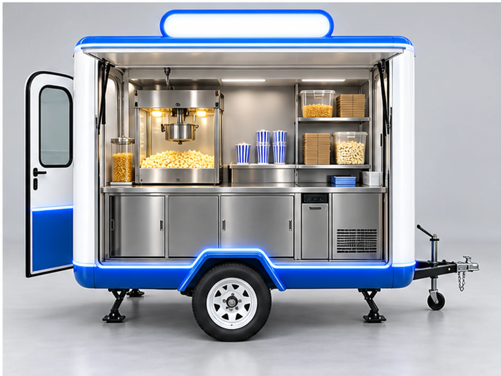 Modern Popcorn Kiosk with LED Signage staff-side equipment and storage layout